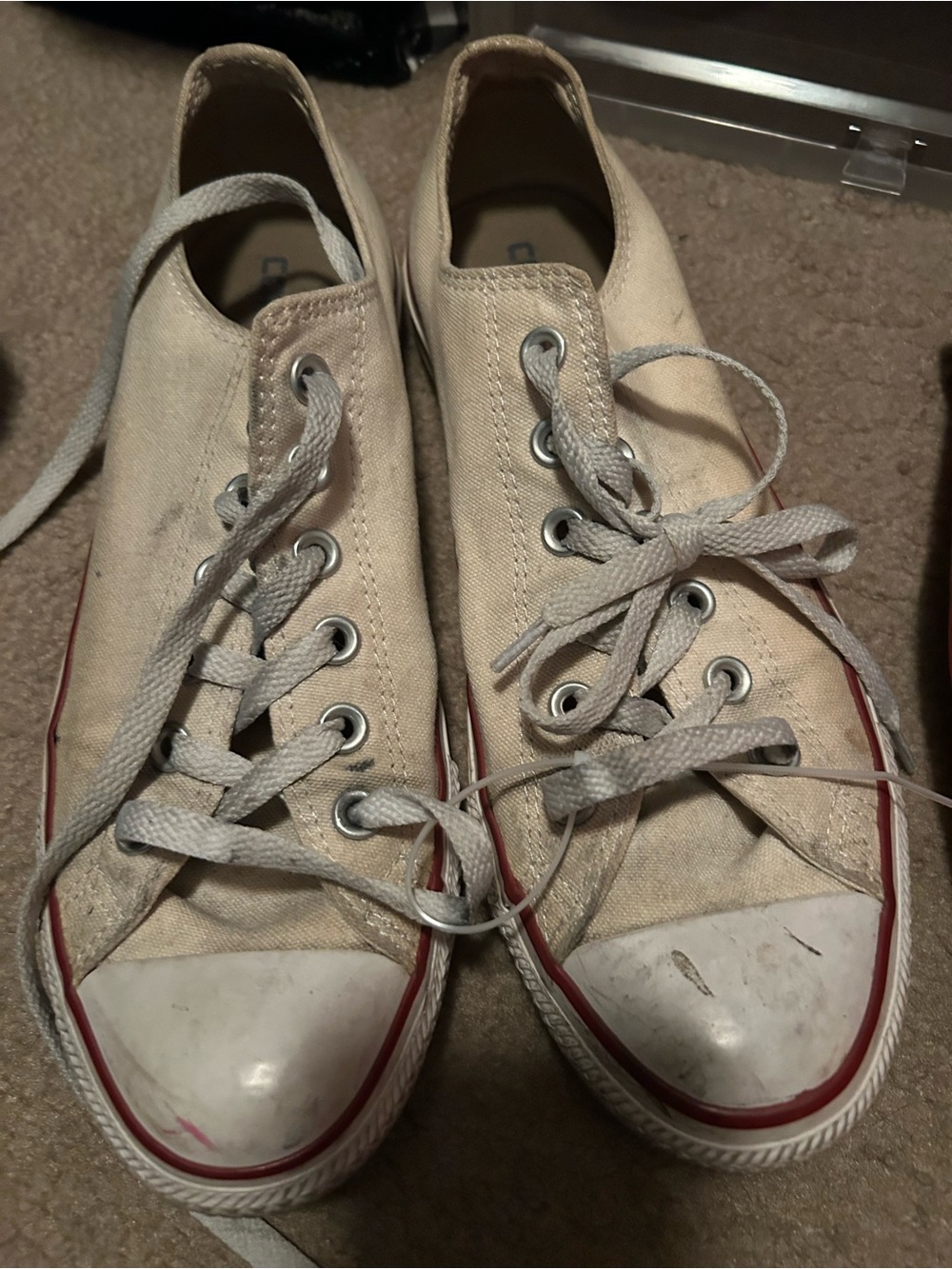 Converse Low-Top Canvas Sneakers in Off-White with Red Stripe